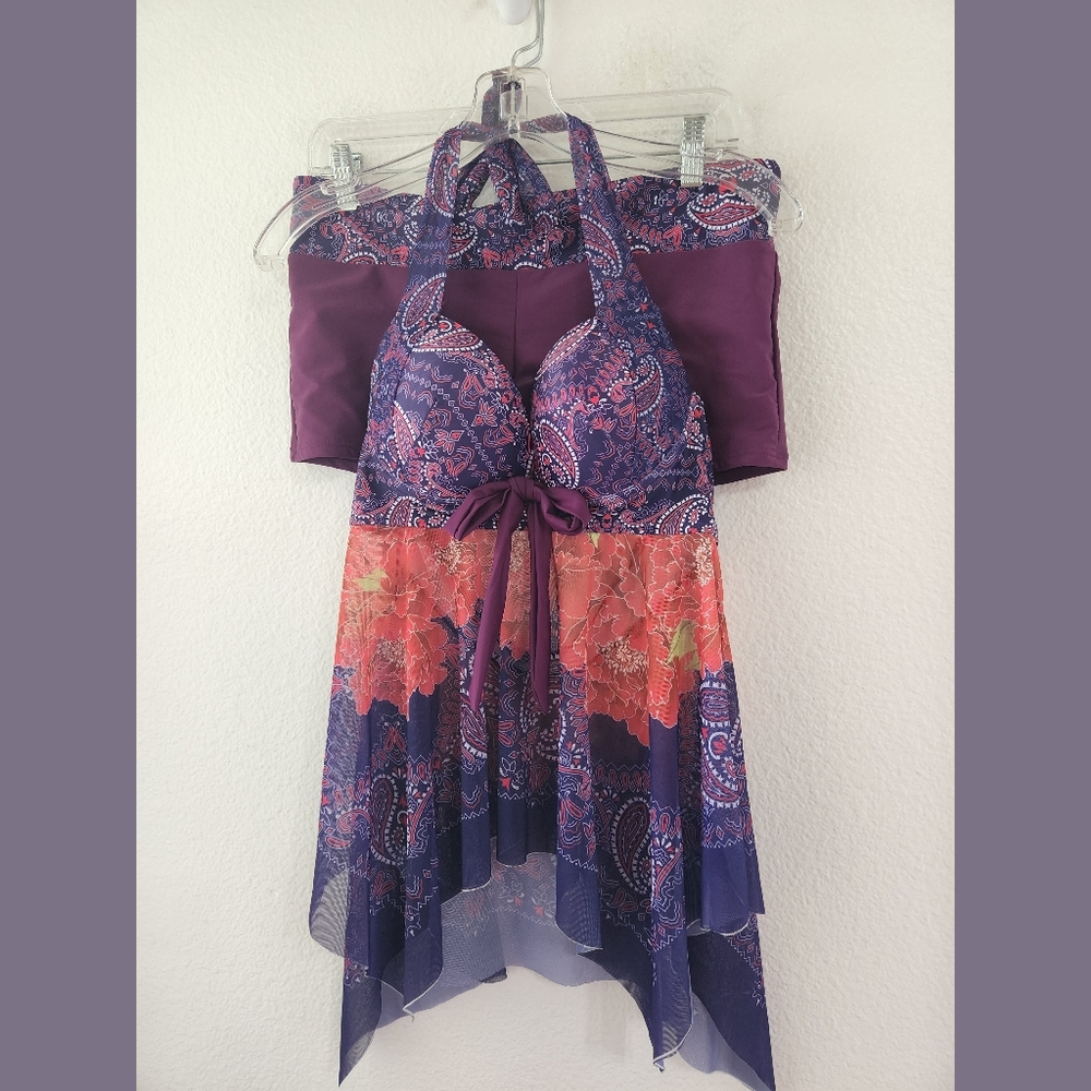 Two Piece Paisley Dress Boyshorts Swimsuit Sz Large